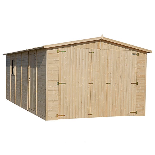 GARAJE de madera 18 m² - trastero con ventanas A222x616x324 cm - construcción de paneles de madera natural - Taller jardinería - TIMBELA M102 | Leroy Merlin