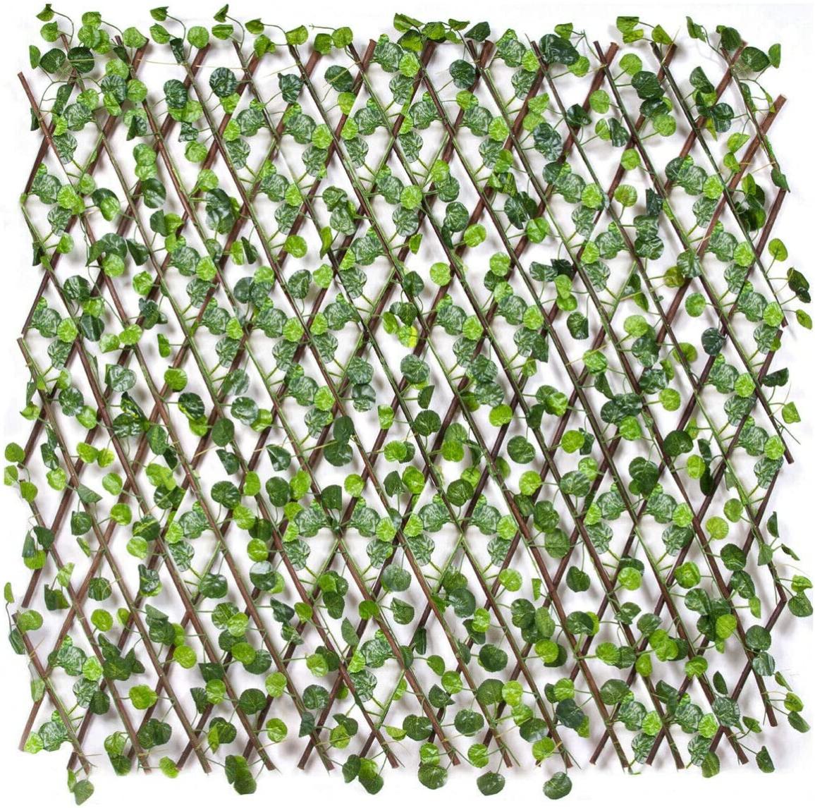 Siepe Artificiale Traliccio Legno Naturale Salice Estensibile Foglie Edera  Finte 90x180 cm