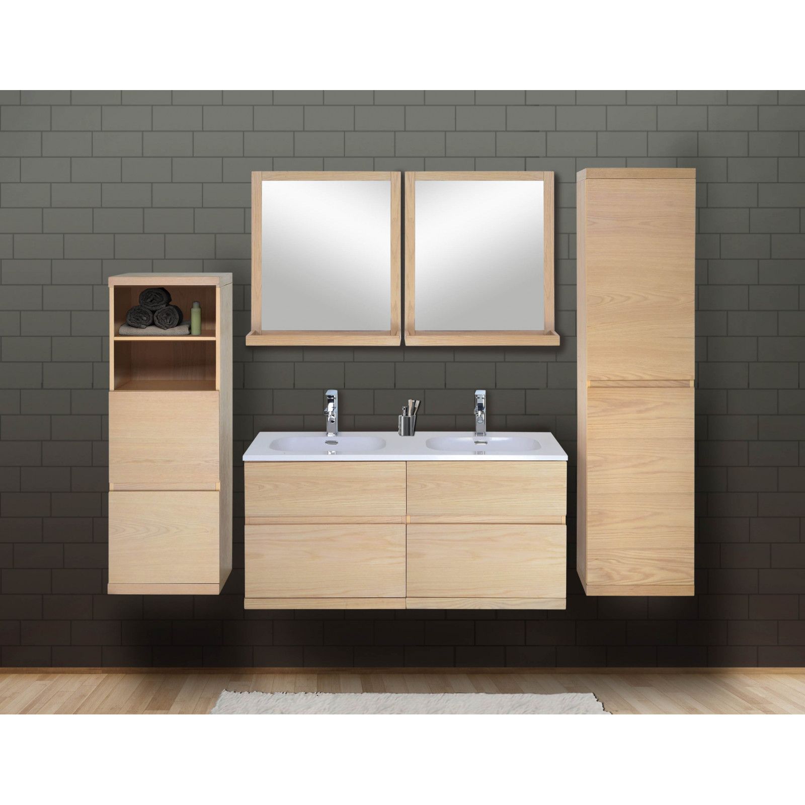 Ensemble salle de bain chêne 120 cm meuble vasque 2 miroirs 2