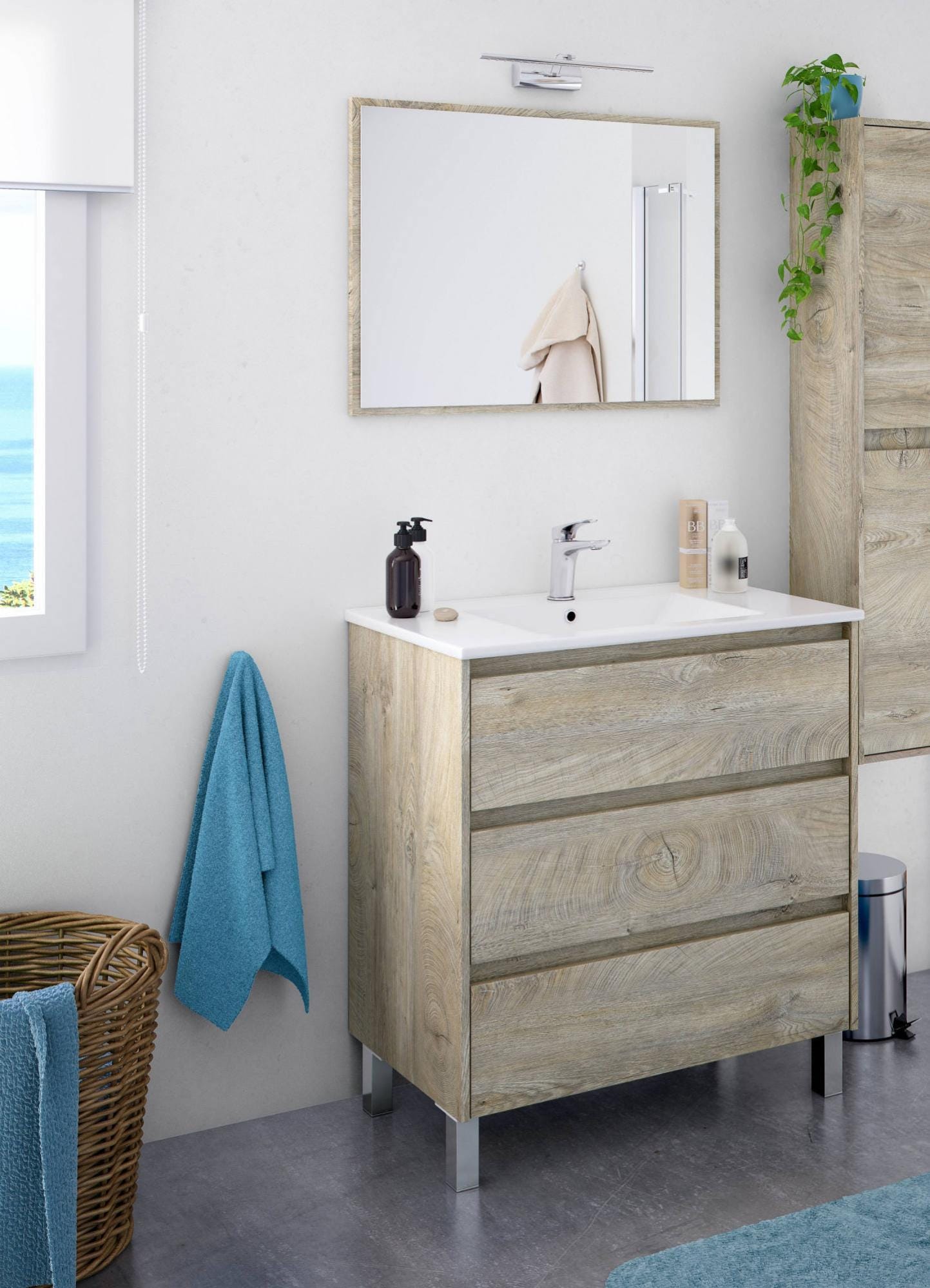 Mobile sottolavabo a tre cassetti e uno specchio, colore rovere Alaska ...