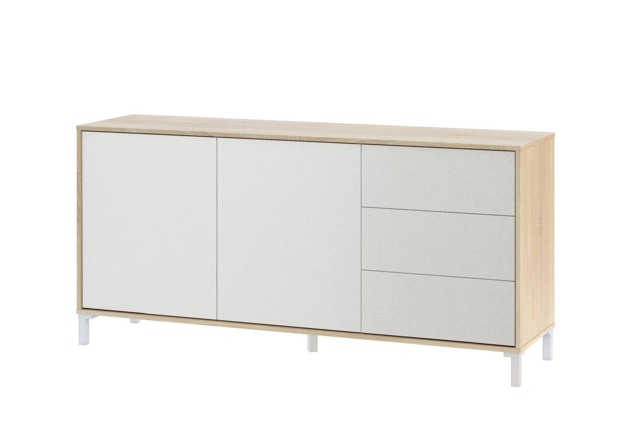 Moimhear Credenza Moderna Con Luci LED – 140x35x72,5 Cm, 2 Ante E 3 Cassetti, Bianco Lucido, Mobile Da Soggiorno
