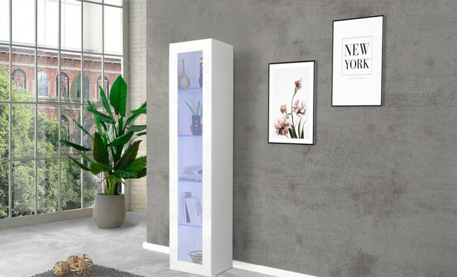 Vetrina a colonna con anta a vetro, Made in Italy, con luce LED blu ...