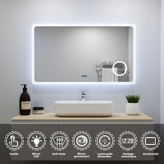 OCEAN Miroir Lumineux à LED Réglable 80x60cm, Miroir antibuée de salle de  bain avec éclairage +Miroir grossissant+Horloge numérique+3 couleurs