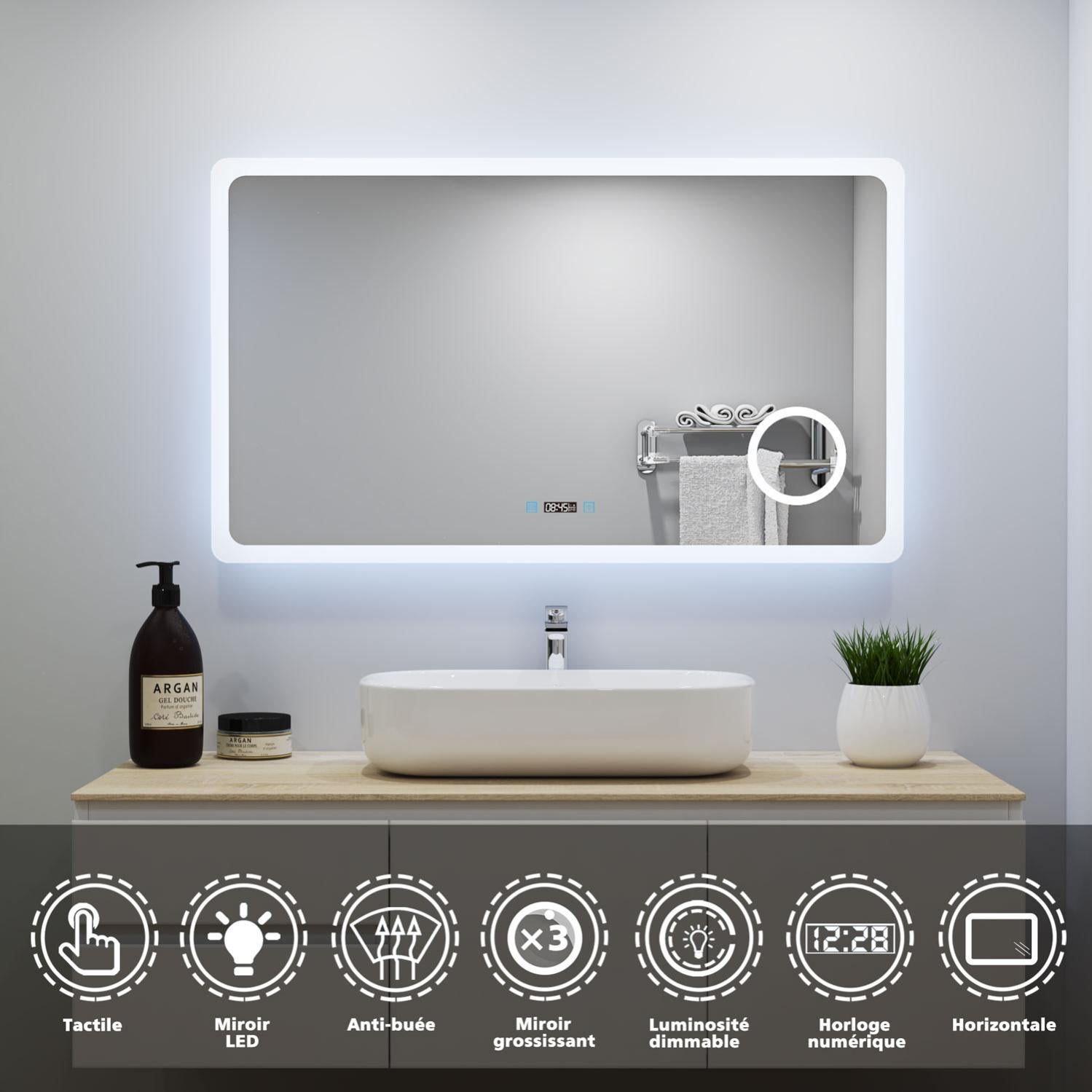 Miroir de salle de bain 100cmx60cm avec LED couleur et luminosité réglables  + anti-buée + Miroir grossissant + Horloge numérique [TZBY_J-HD1505TM] -  AICA - Grand choix au petit prix - Paroi de