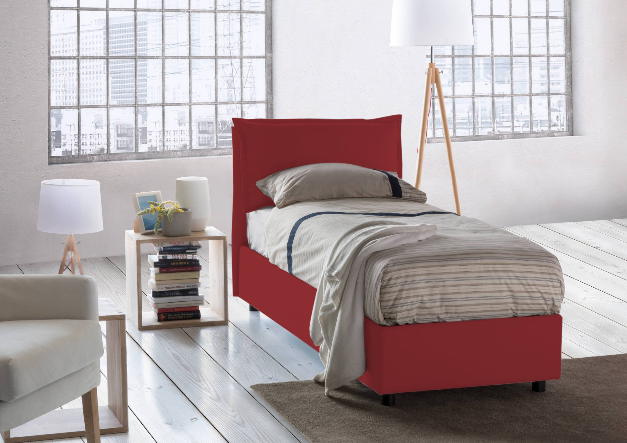 Talamo italia cama individual con contenedor veronica, made in italy, cabecero y tapizado de tela, apertura frontal, con colchón de 90x190 cm incluido