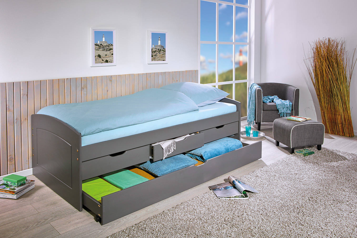 Cama con cajones de almacenaje y segunda cama extraíble inferior, en pino macizo teñido de gris, 98x205x63 cm, somieres excluidos