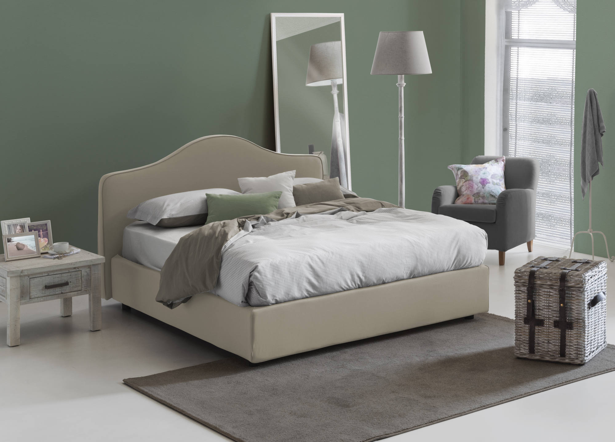 Cama matrimonial angiolina, cama contenedor con revestimiento de tela, 100% made in italy, apertura frontal, adecuado para colchón cm 160x190, tórtola