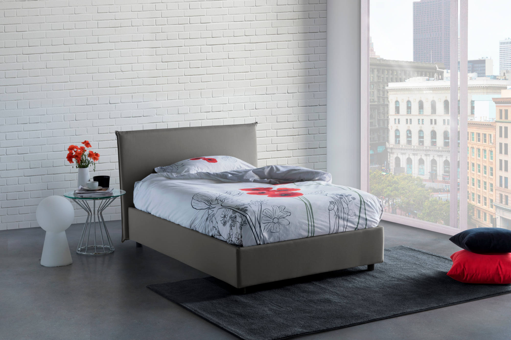 Letto piazza e mezza Dmalizi, Letto contenitore con rivestimento in  tessuto, Apertura frontale, con materasso Cm 120x200 incluso, Bianco