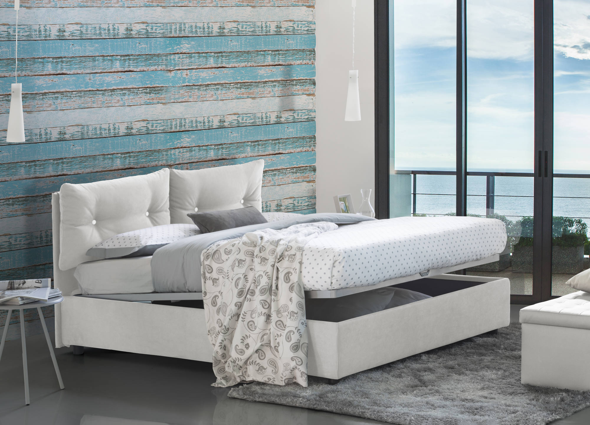 Cama individual adelaide, cama contenedor con revestimiento de tela, 100% made in italy, apertura frontal, adecuado para colchón 80x190 cm, blanco