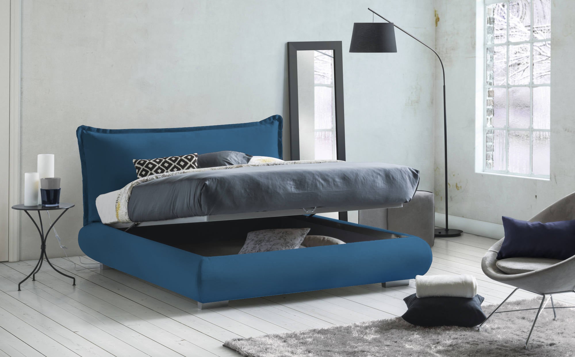 Letto matrimoniale Dabbat, Letto fisso con rivestimento e testata in  tessuto, Apertura frontale, adatto per materasso Cm 160x190, Blu