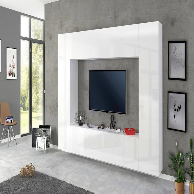 Parete attrezzata Dgirm, Set salotto porta TV a 4 ante, Mobile soggiorno  multiuso, 100% Made in Italy, cm 260x30h180, Bianco lucido