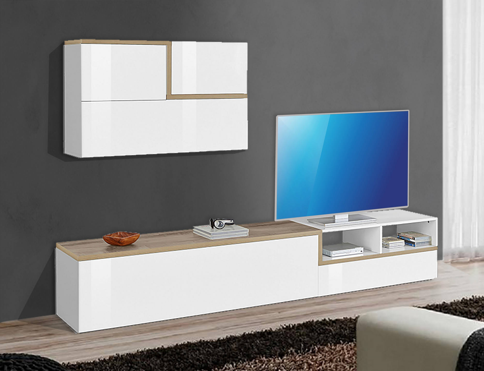 Mobile TV Porta con mensola da muro un design moderno ASPEN Set Soggiorno Bianco Parete Attrezzata 