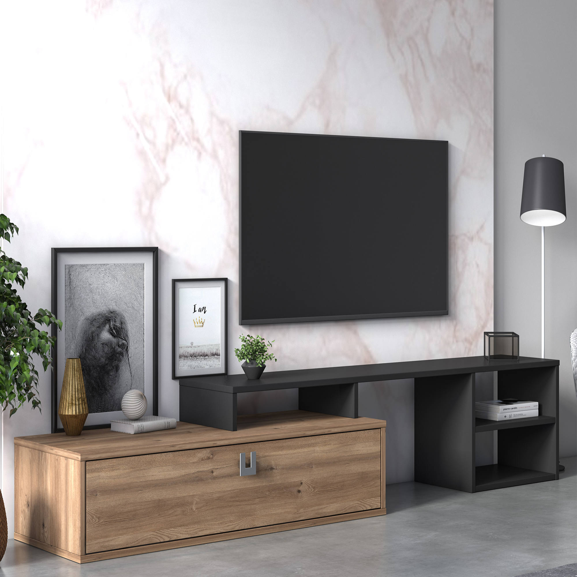muebles bonitos Mobile TV sospeso Design Tobic Nero con luci LED Lettiemobili Anta a ribalta Orizzontale Lucida con Vetro Porta TV Larghezza: 160cm x Altezza: 30cm x profondità: 40 cm 