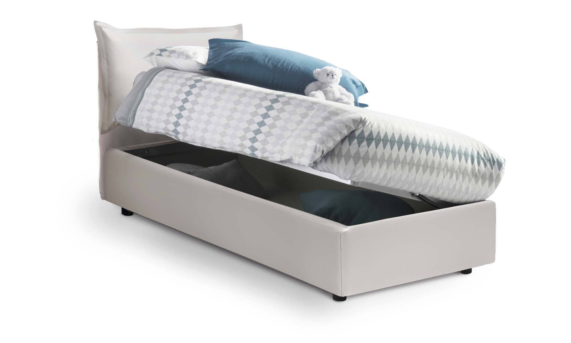 Letto singolo Dgrillo, Letto contenitore con rivestimento in ecopelle, 100%  Made in Italy, Apertura laterale, con materasso Cm 80x190 incluso, Bianco