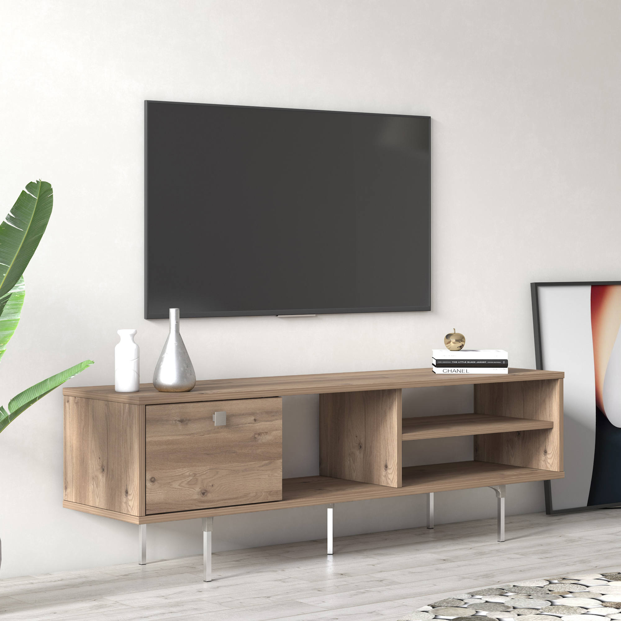 Mobile da soggiorno porta TV con un'anta a ribalta e scomparti, cm 140 x 35  x 45, colore quercia