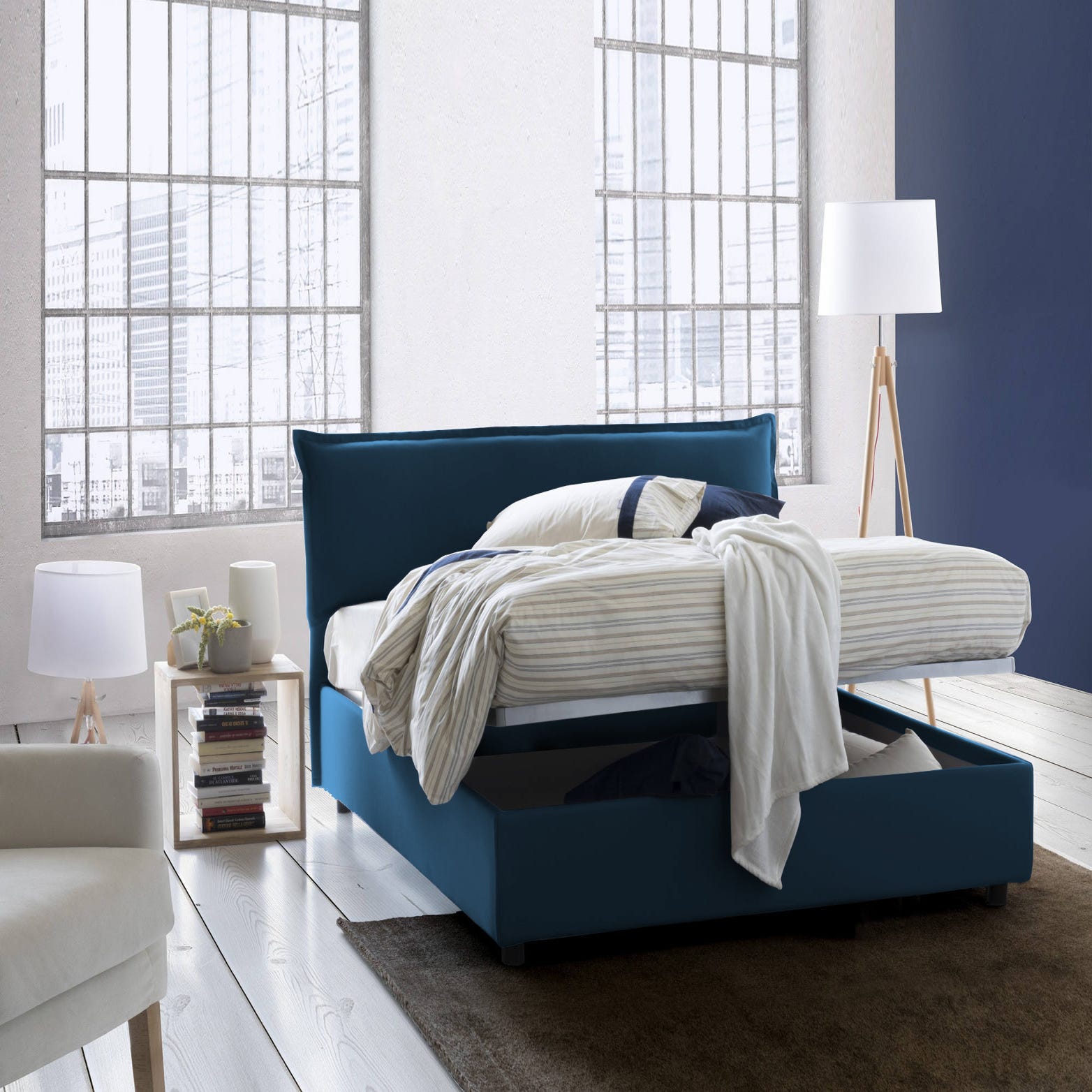 Cama matrimonial Dbiand, Cama contenedor con funda extraíble con cabecero  tapizado y estructura de cama, adecuado para colchón Cm 160x200, Azul