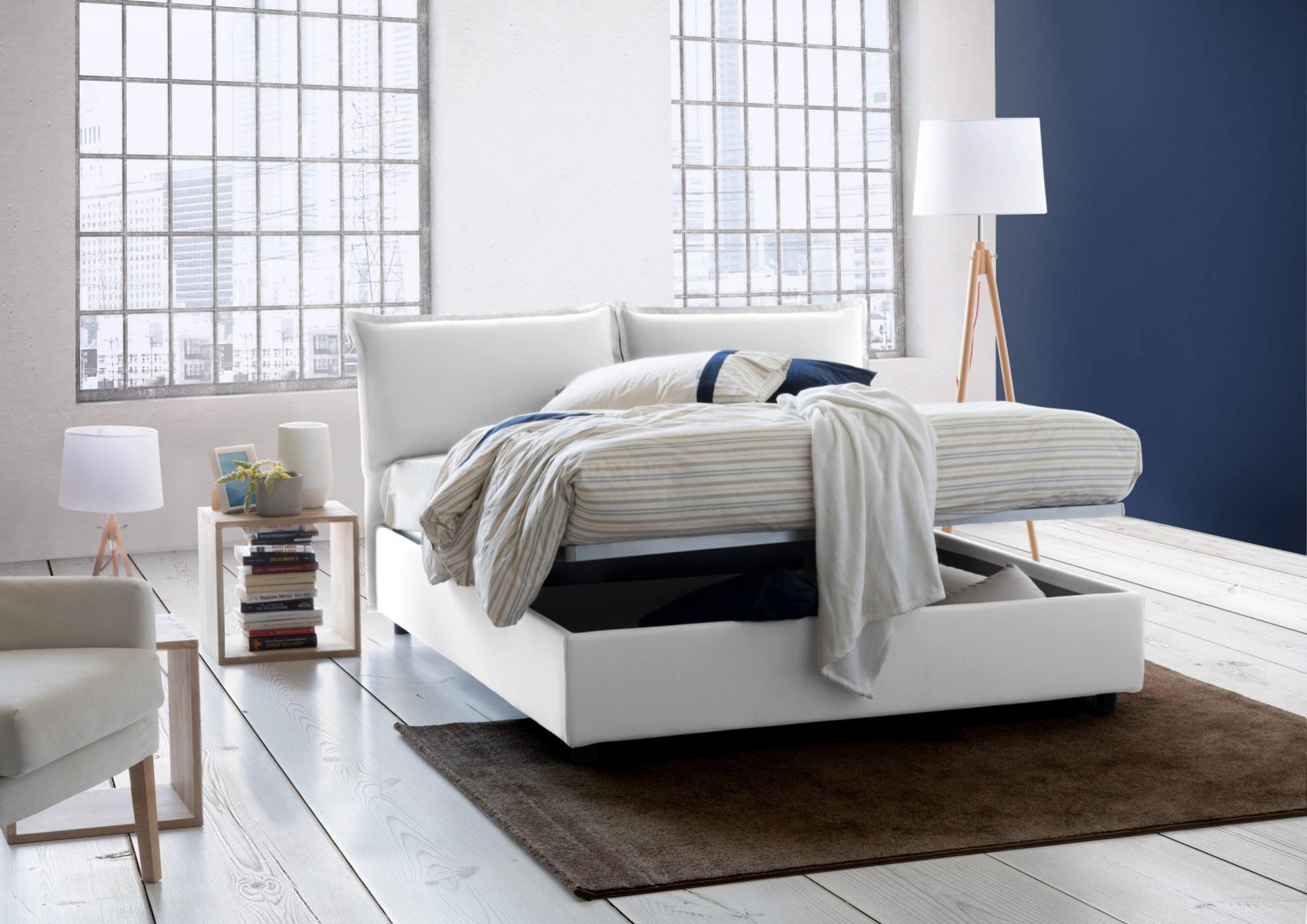 Cama doble con contenedor Veronica, Made Italy, Cabecero y funda de tela, Apertura frontal, apta para colchón 160x190 cm, Blanco Leroy Merlin