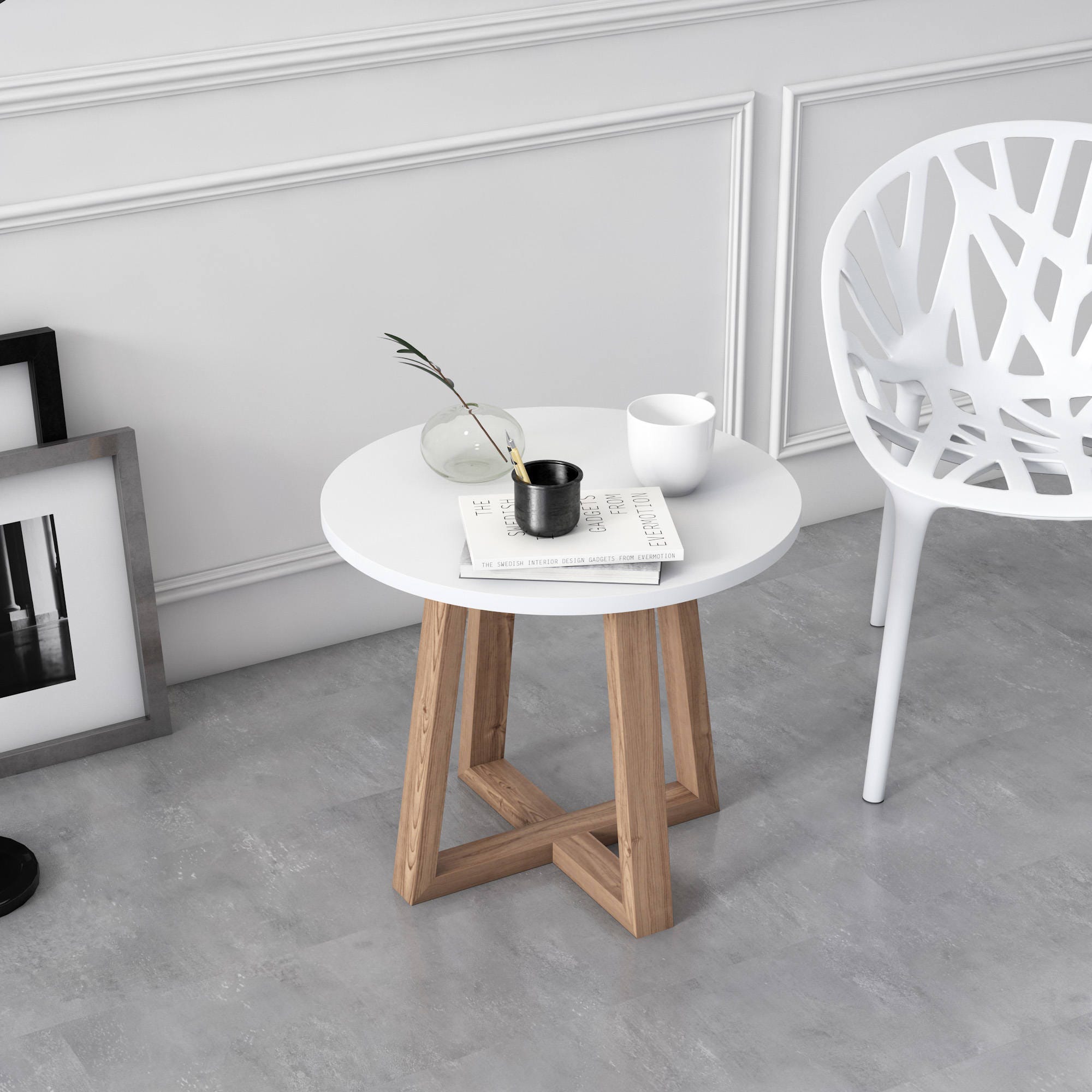 Tavolino rotondo basso con gambe incrociate, cm 52 x 52 x 43, colore bianco  e quercia