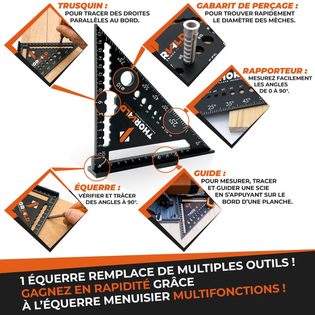 5 en 1 Equerre Menuisier 180 mm - Inclus Crayon Chantier - Multifonction :  Trusquin / Raporteur / Gabarit de percage / Equerre a chapeau - Aluminium
