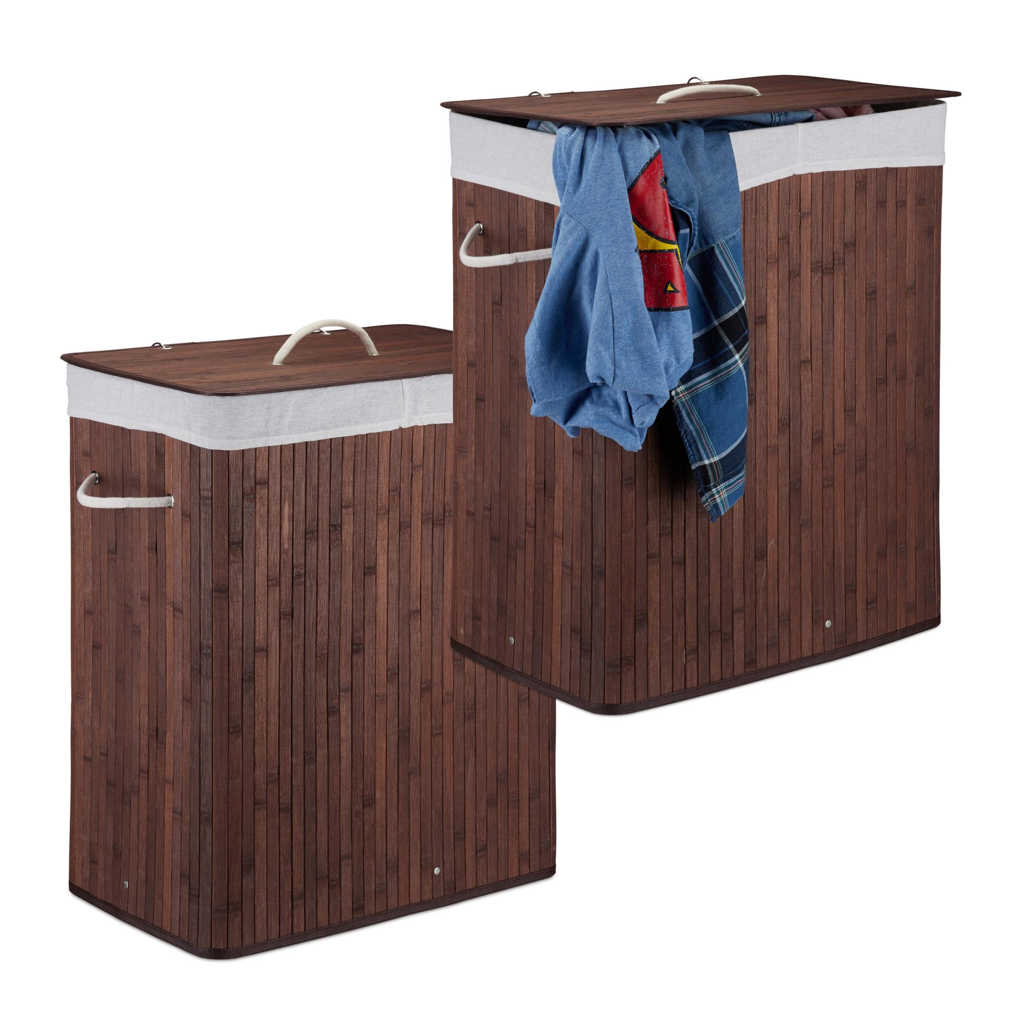2x Corbeilles à linge bambou, Paniers à linge 2 compartiments, coffres