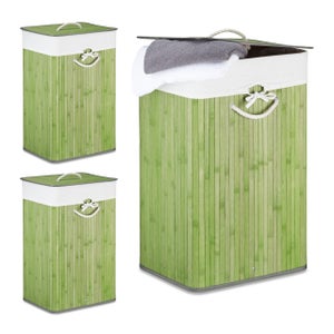 Panier à linge bambou, lot de 3, corbeille linge pliante, 83L, sac  intérieur coton, 65,5 x 43,5 x 33,5 cm, noir