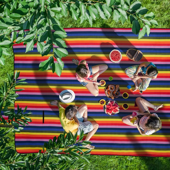 Relaxdays Coperta da Picnic XXL, 300 x 200 cm, Plaid Impermeabile a  Strisce, Telo Spiaggia Isolante con Manico, Colorato