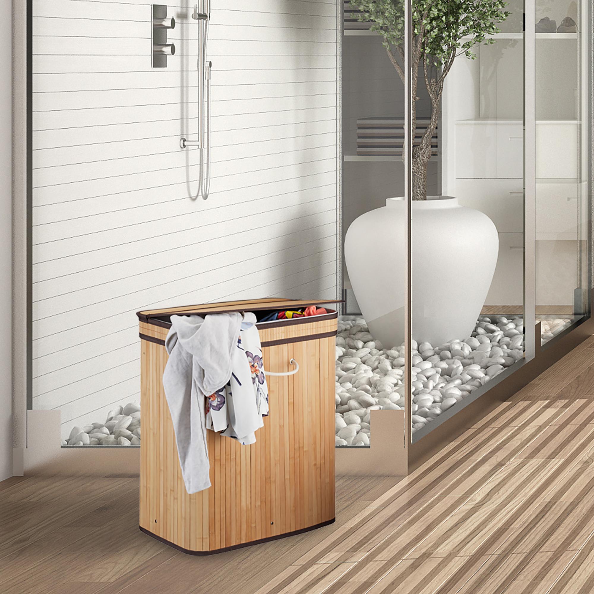 HOMCOM Cesto Portabiancheria in Bambù con Coperchio, Cestino per Biancheria con Sacco in Tessuto Rimovibile, 40x30x60cm, Naturale