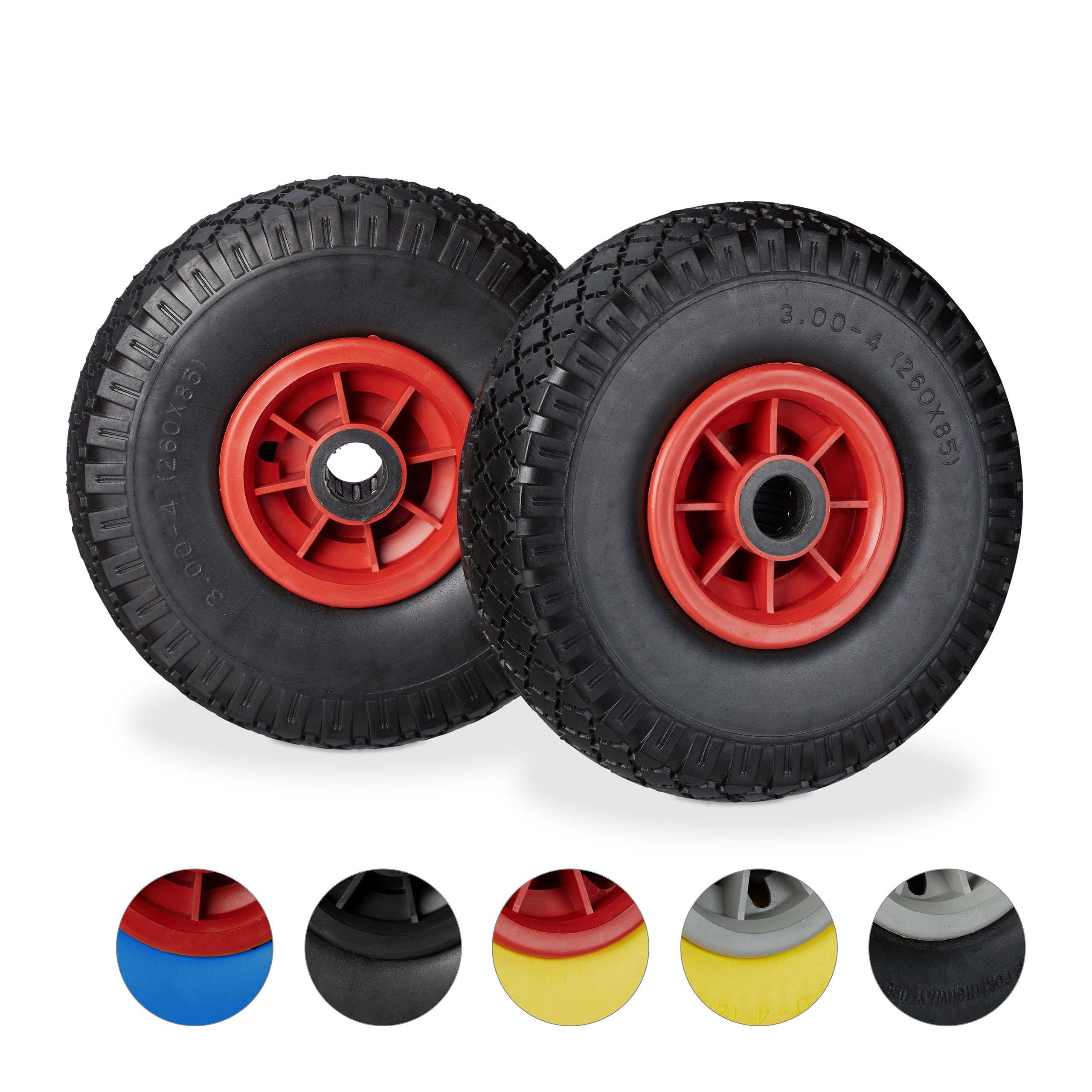 Set di 2 Ruote per Carriola, Pneumatici di Gomma Piena Antipanne, Asse  25mm, max.80 kg, 260x85mm, nero-rosso