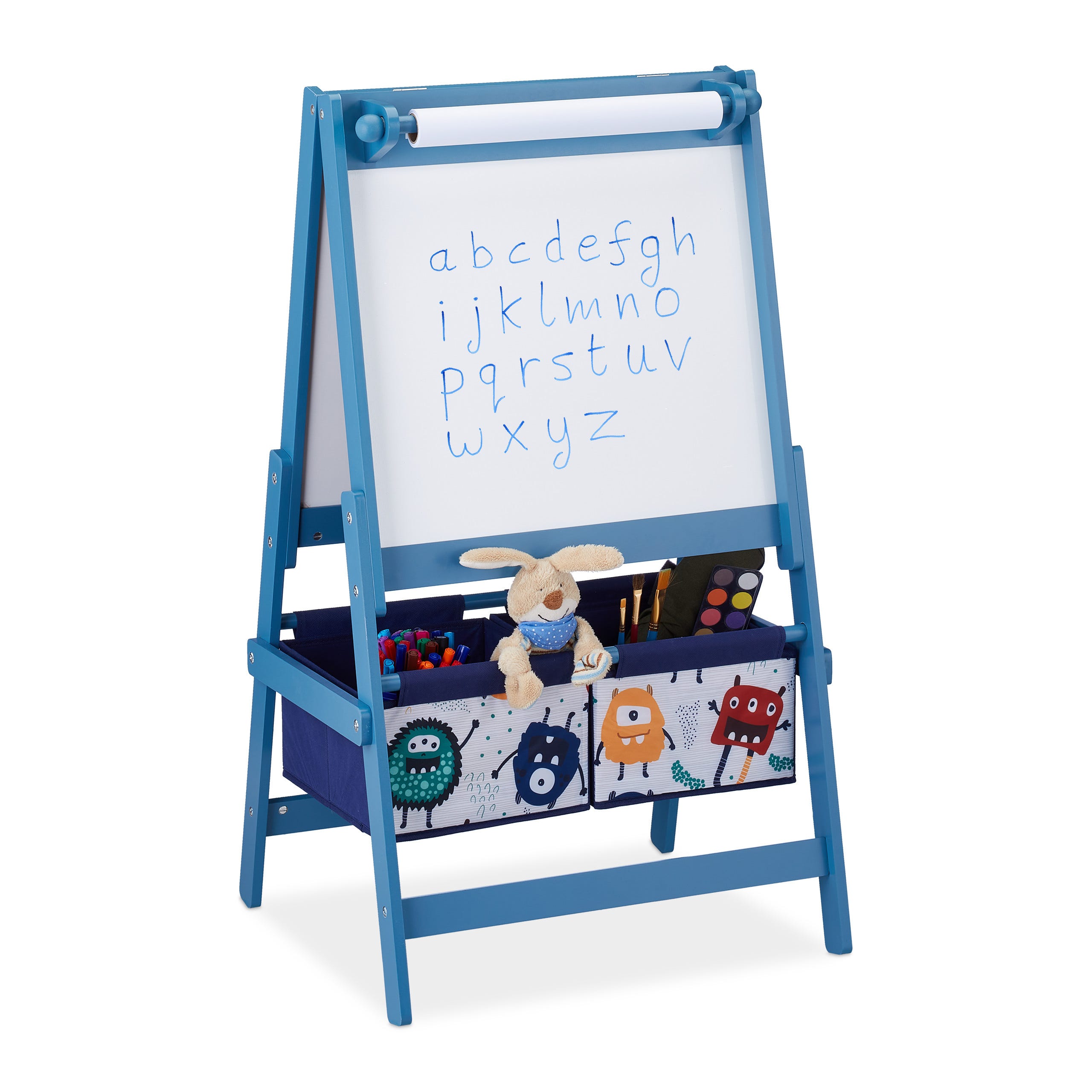 Relaxdays Tableau dessin enfant, 2 en 1, tableau à rouleau de papier et  panier, HxLxP: 94x52x46,5 cm, tableau noir, bleu