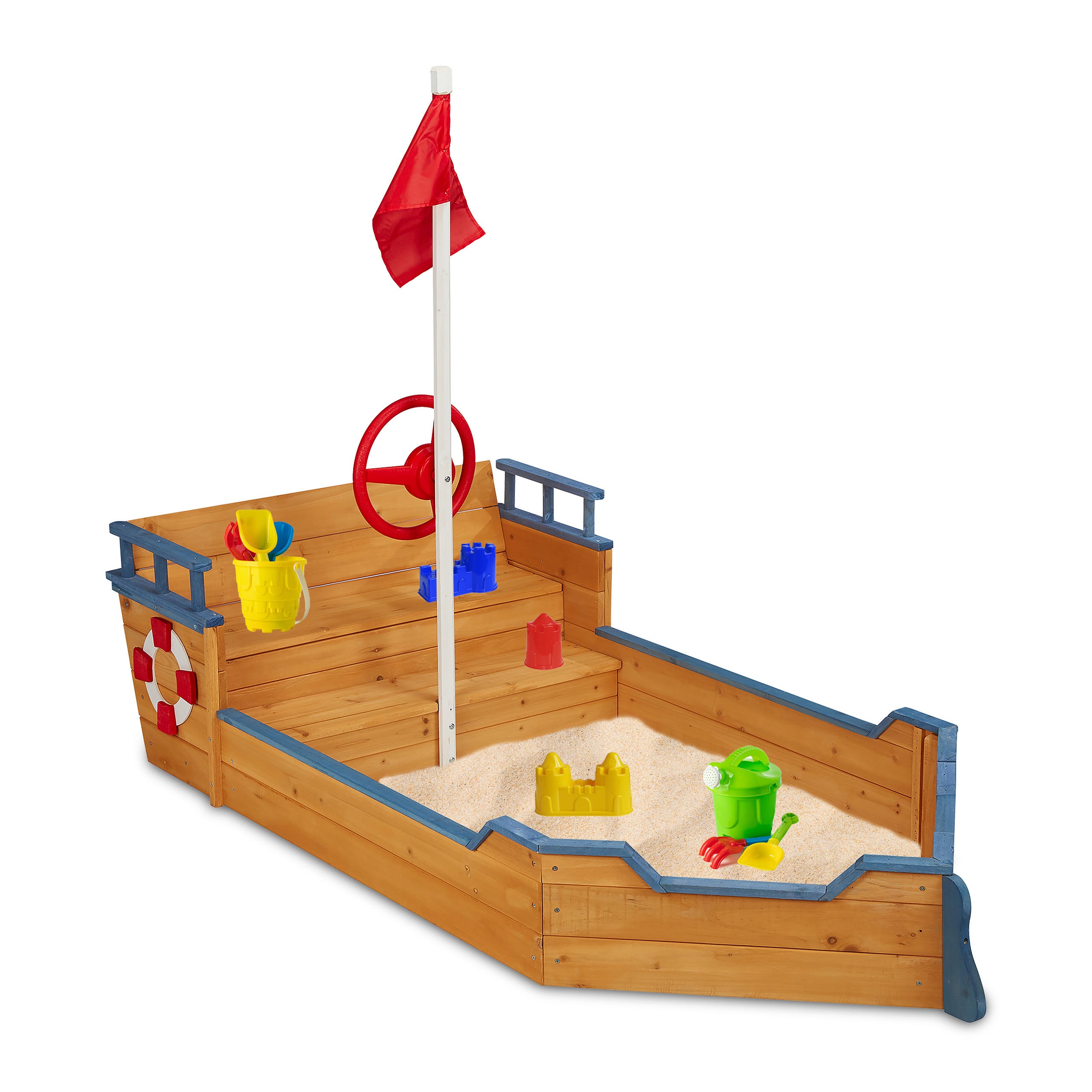 Relaxdays Bac à sable, bateau de pirate, banc, jardin, HLP : 136x200x95 cm,  espace extérieur, enfants, bois, multicolore