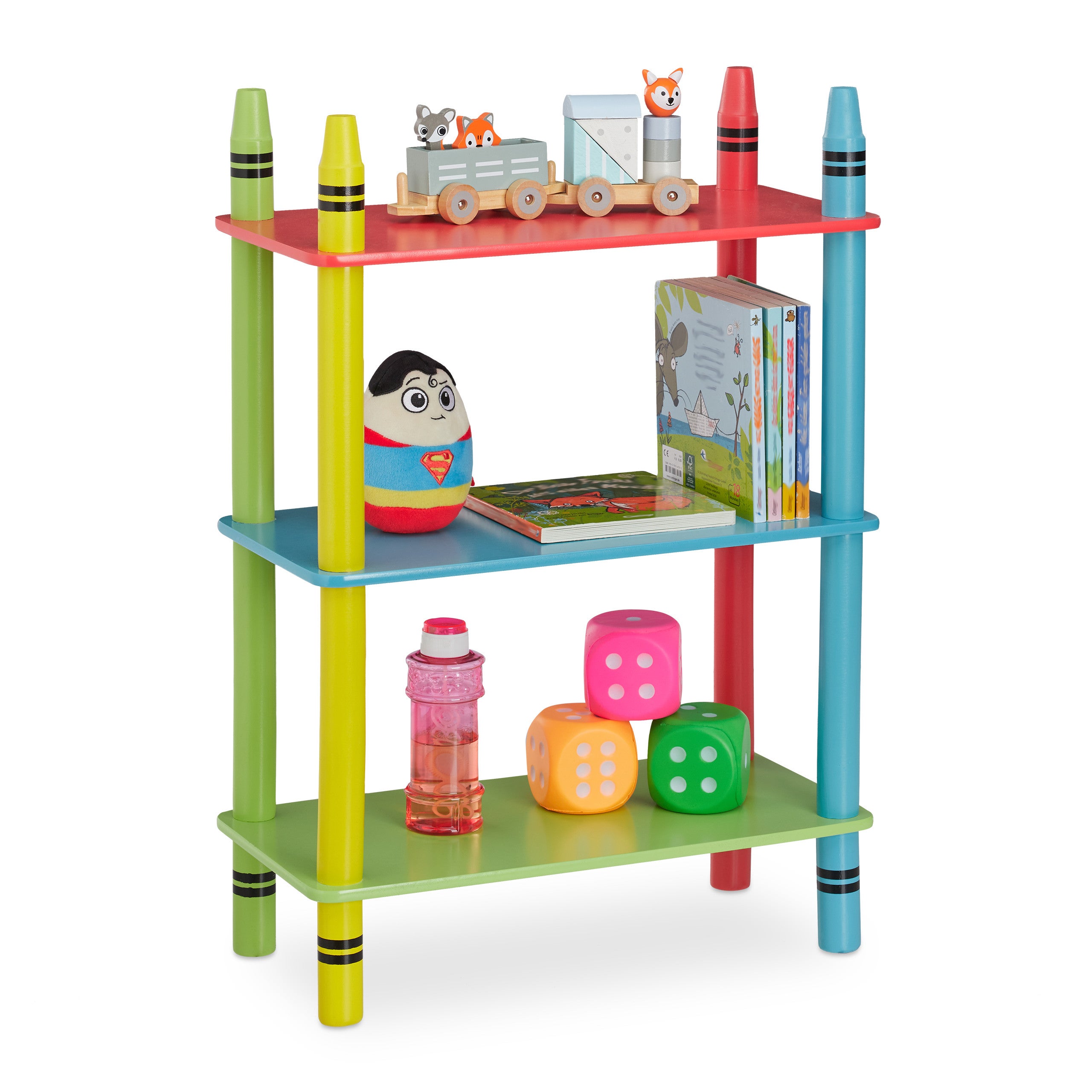 Relaxdays Libreria per la Cameretta dei Bambini Multicolore Motivo Cagnolini HLP 71x61,5x30 cm Legno ingegnerizzato 4 Scomparti in Stoffa 