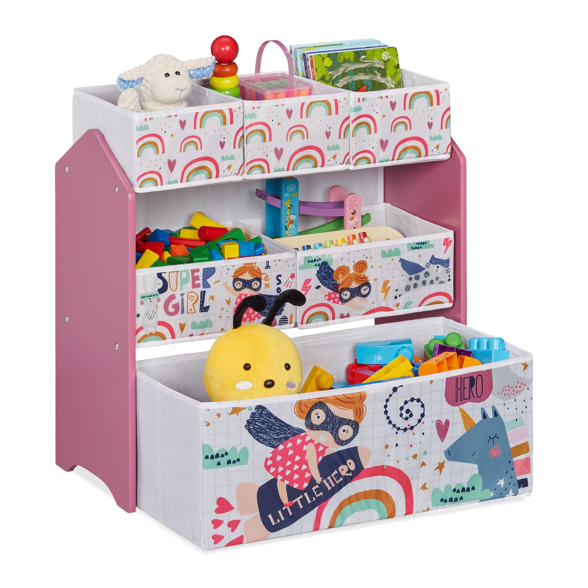 Libreria Bambini Con 6 Box Portagiochi Relaxdays - Motivo Supereroina, 66x63x30 Cm, Multicolore - Foto 8