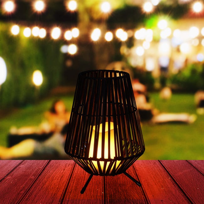 Relaxdays Lampe décorative, avec bougie LED, aspect rotin, effet flamme,  jardin, balcon et terrasse, lumière table, noir