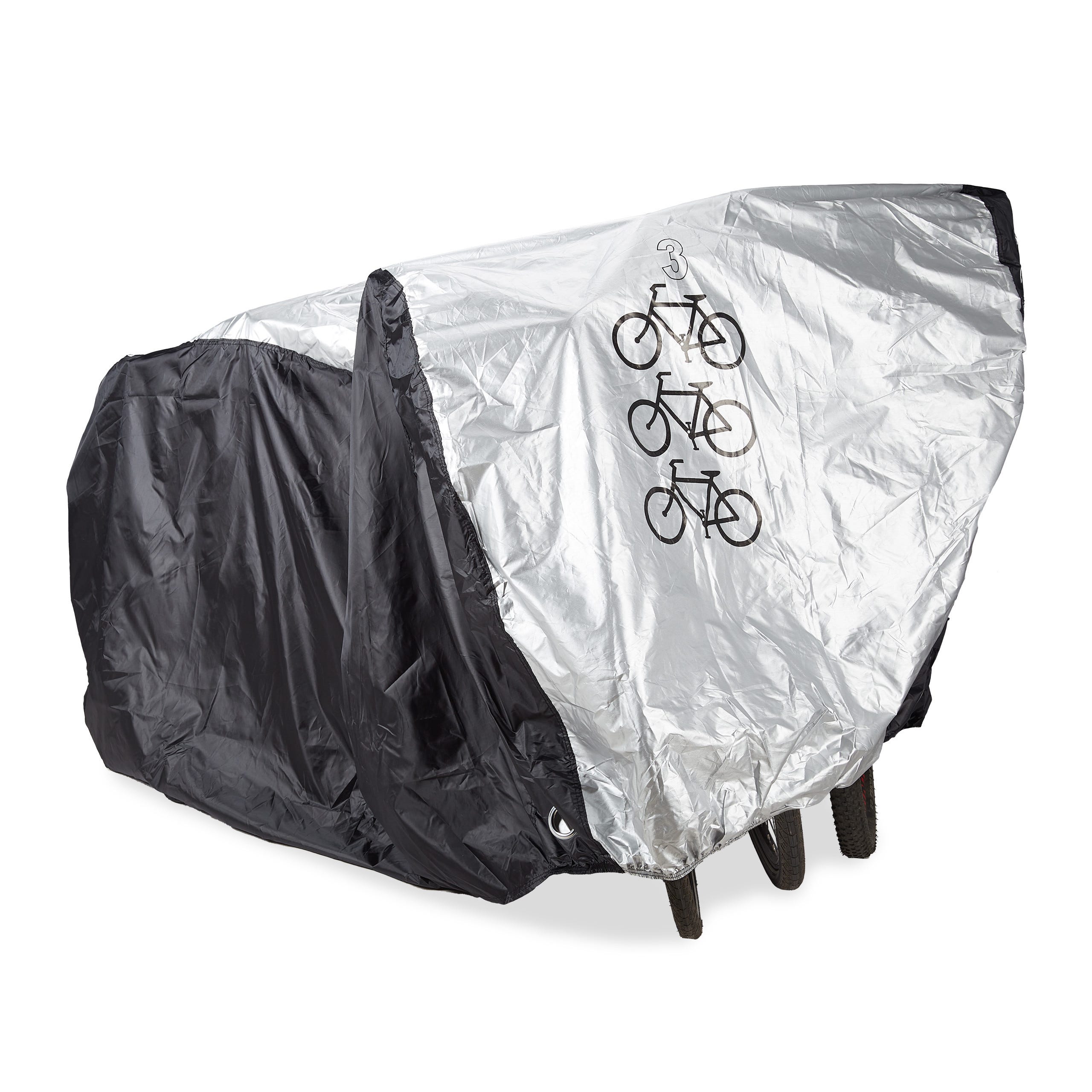 Relaxdays Housse de protection, pour 3 vélo, HxLxP : 110 x 200 x 100 cm,  imperméable, avec poche, plastique, noir/argent