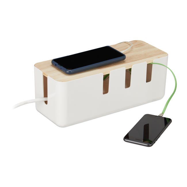 Relaxdays Boîte cache-câbles, pour 2 multiprises, couvercle en bois,  plastique, HLP : 11,5 x 30,5 x 12,5 cm, noir