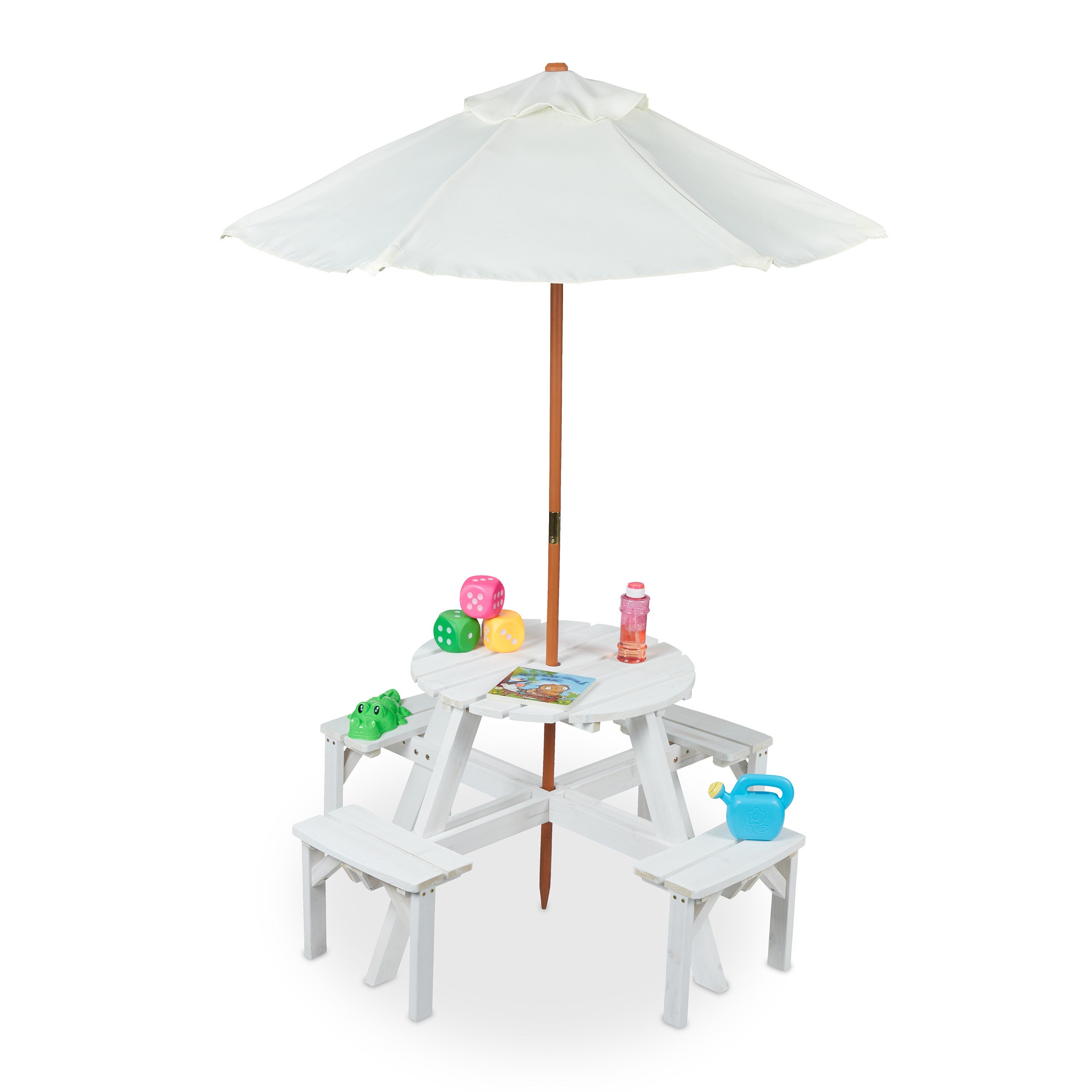Naturale 110x65x83 cm Relaxdays Tavolo con Panche per Bambini Tavolino attività con Protezione dal Sole da Giardino 