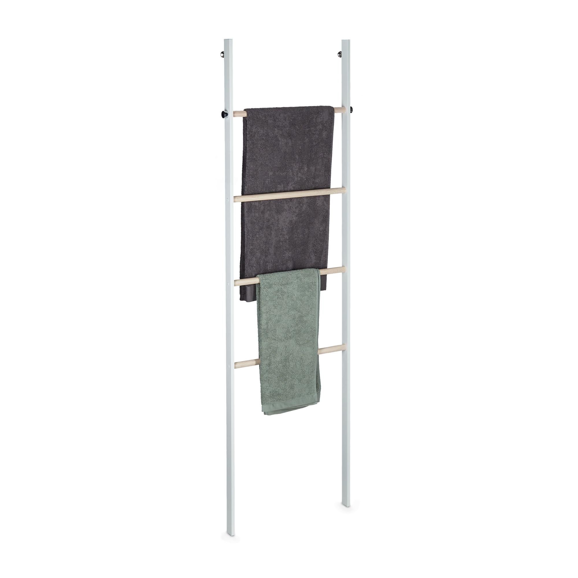 Relaxdays 10021507_46 Scala Portasciugamani Bagno, Legno, Stile Rustico, Porta Asciugamani, HxLxP: 150 x 50 x 3 cm, Nero