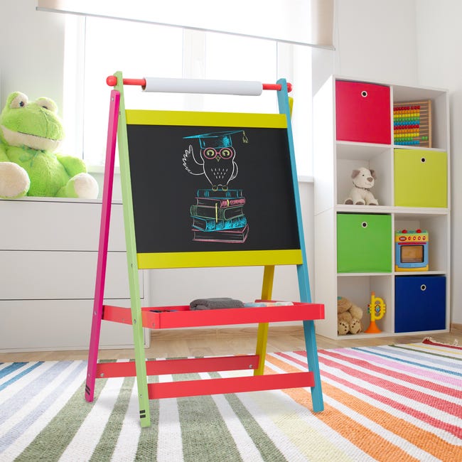 Relaxdays Tableau pour enfants deux en un, 90 x 56 x 42 cm, rouleau de  papier, craie, dessin, dimensions, multicolore