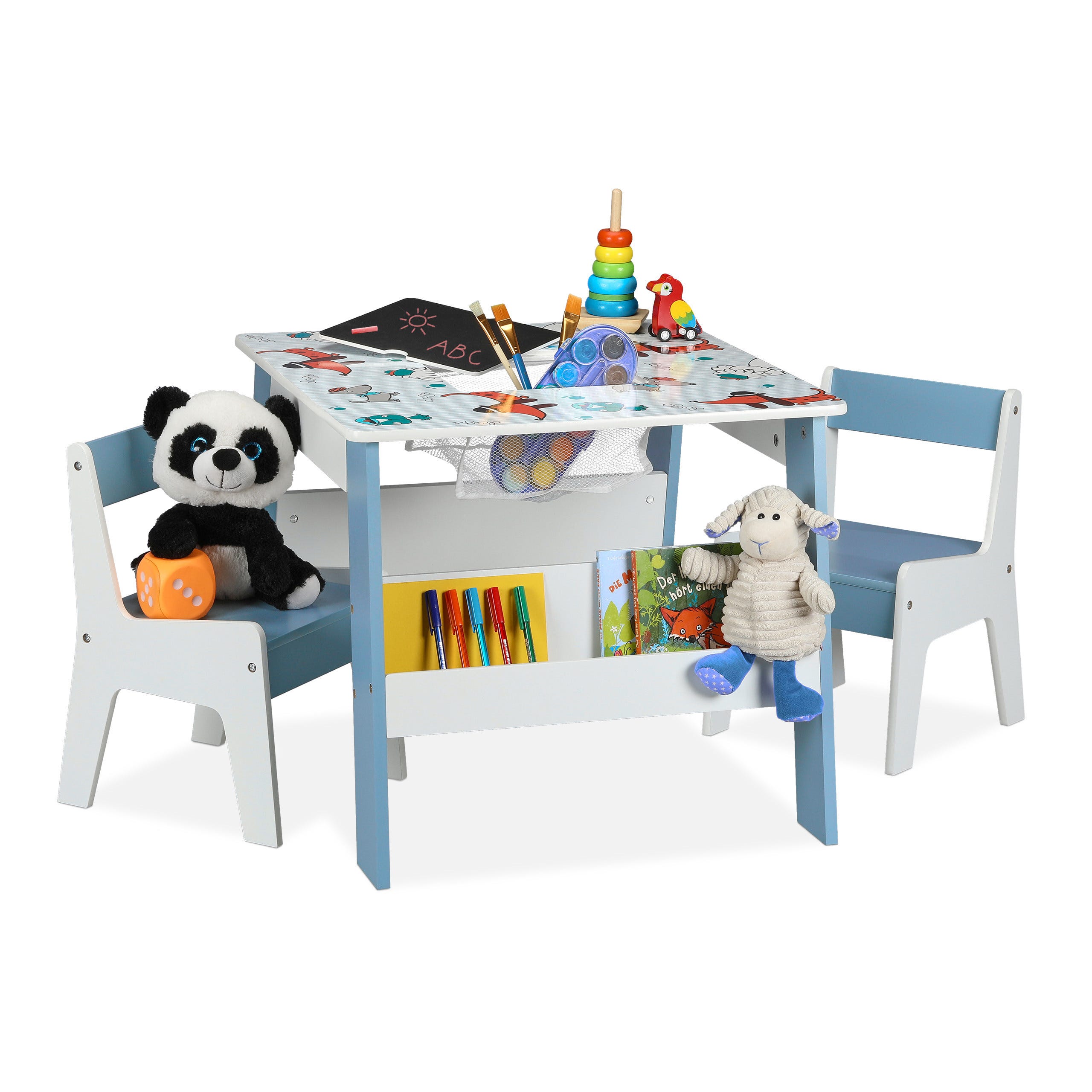 Relaxdays Tavolino da Bambini con Lavagnetta, Set di Tavolo da Gioco con 2  Sedie, Bimbi e Bimbe, in MDF, Colorato