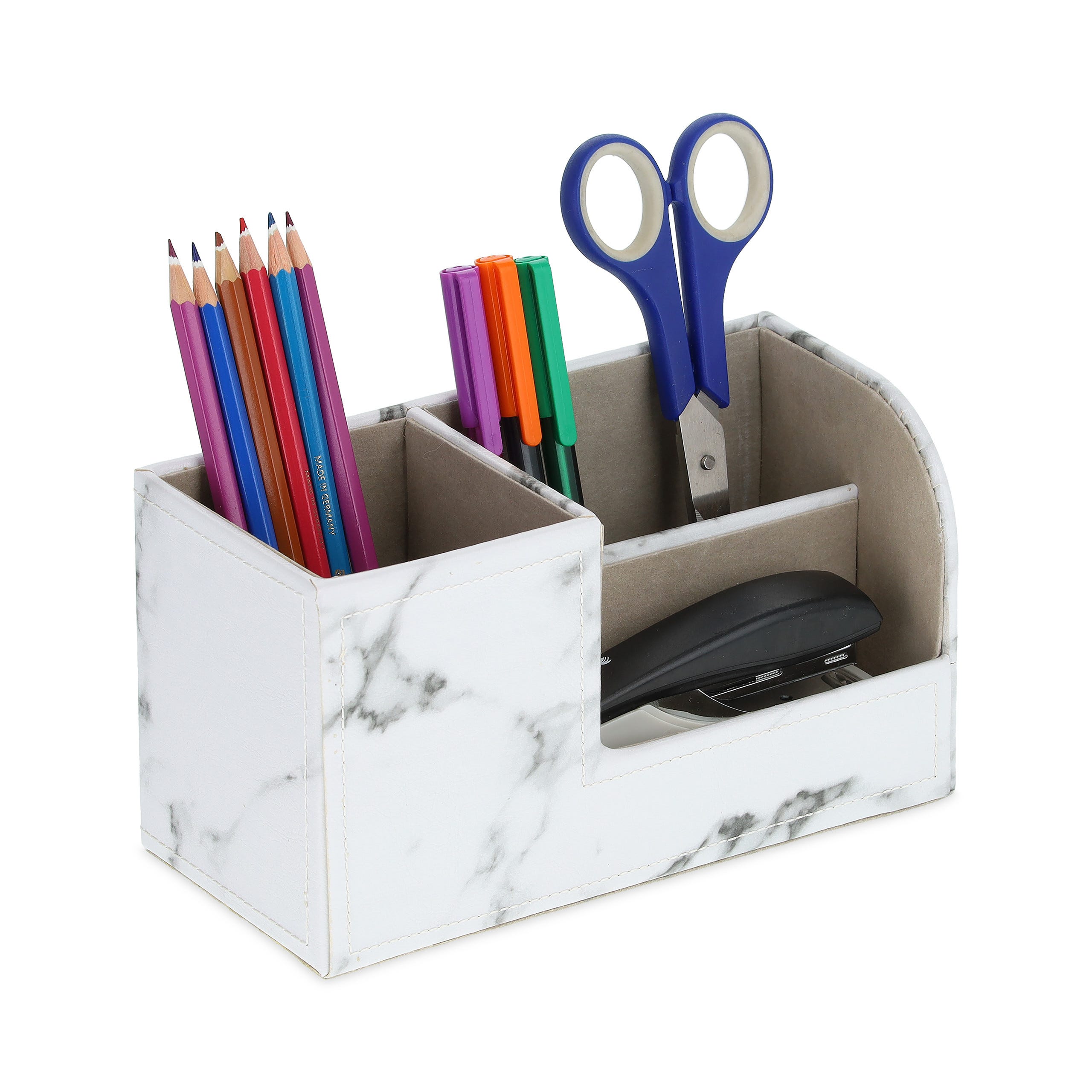Relaxdays Organiseur de bureau, porte-crayon 3 compartiments, effet marbre,  H x L x P : 11 x 20 x 9 cm, rangement, blanc