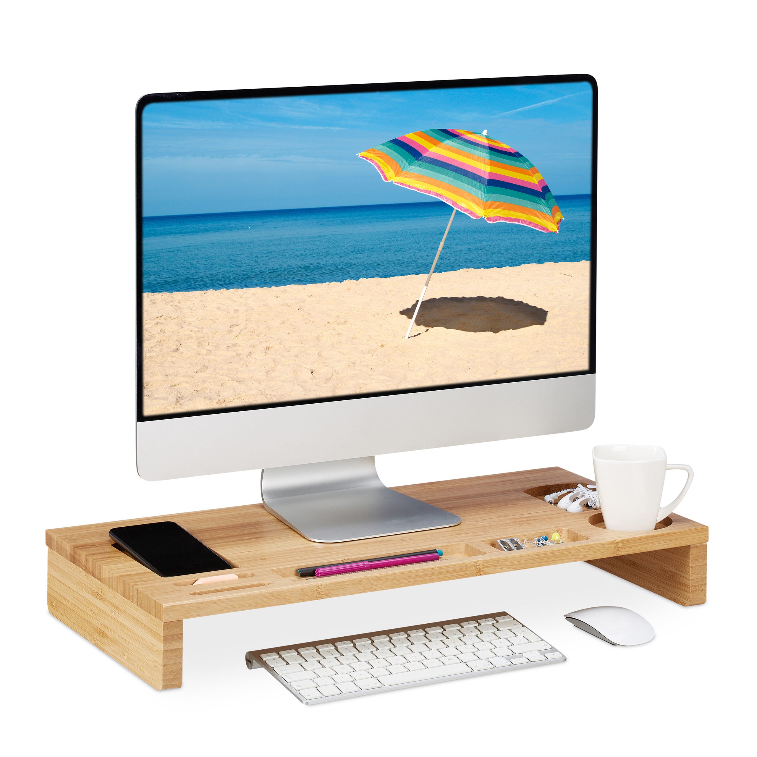 Relaxdays Support de moniteur, bambou, rehausseur écran bureau, 7  compartiments, dessous PC, HLP 8,5x60x30 cm, naturel