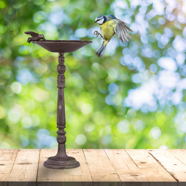 Relaxdays Abreuvoir en fonte sur colonne, Décoration pour jardin,mangeoire  avec soucoupe pour oiseaux sauvages; 40 cm, haut brun