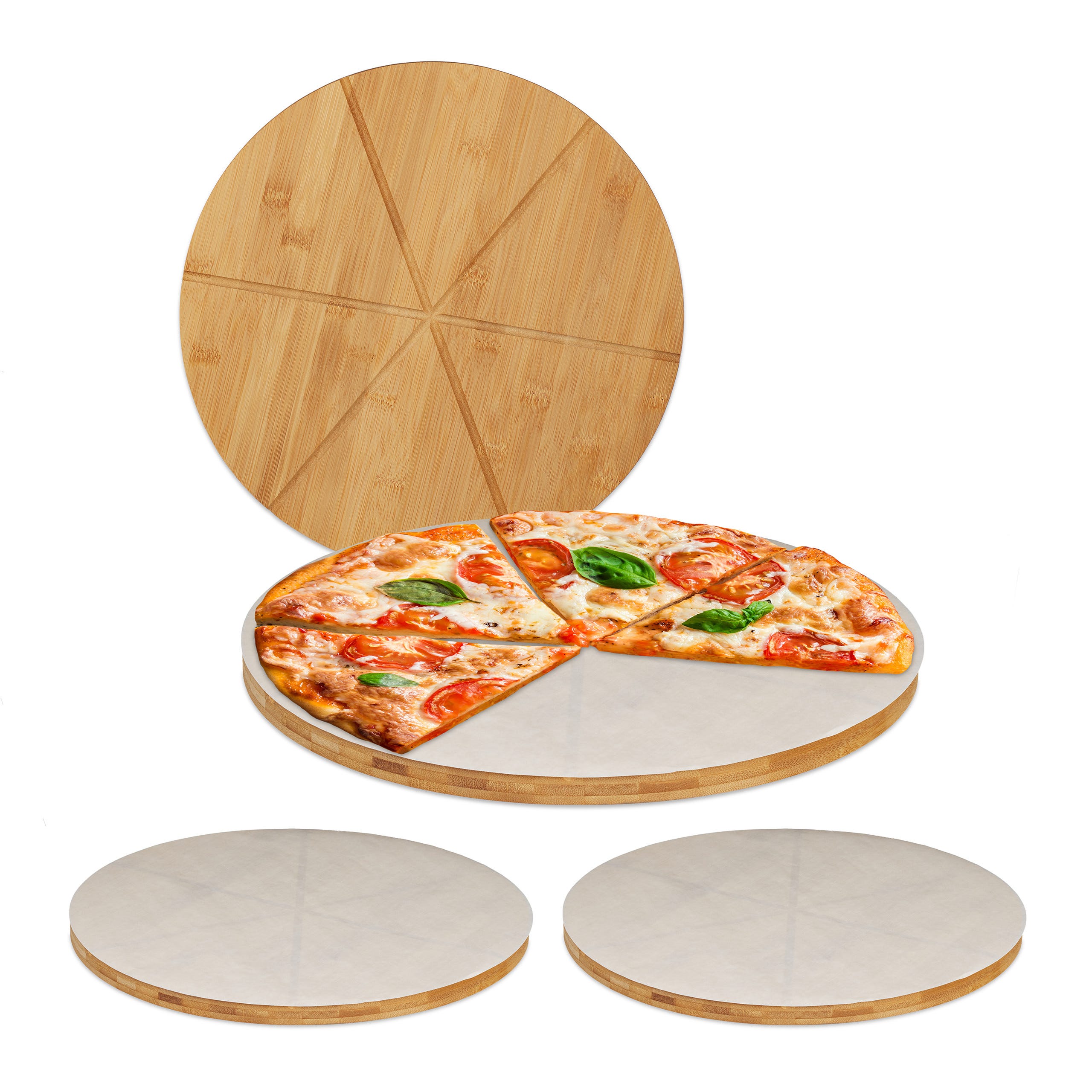 Planche pizza, bambou, x4, assiette ronde 33 cm, papier de cuisson, avec  rainures pour le découpage, nature
