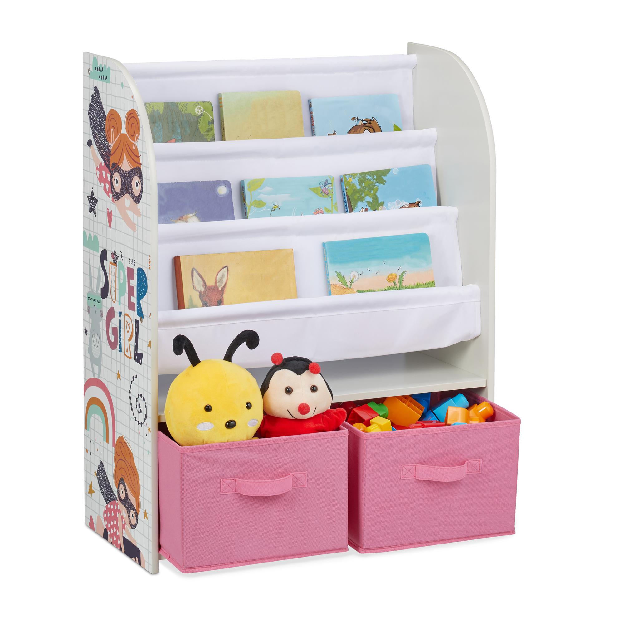 Libreria Bambini Con 6 Box Portagiochi Relaxdays - Motivo Supereroina, 66x63x30 Cm, Multicolore - Foto 7