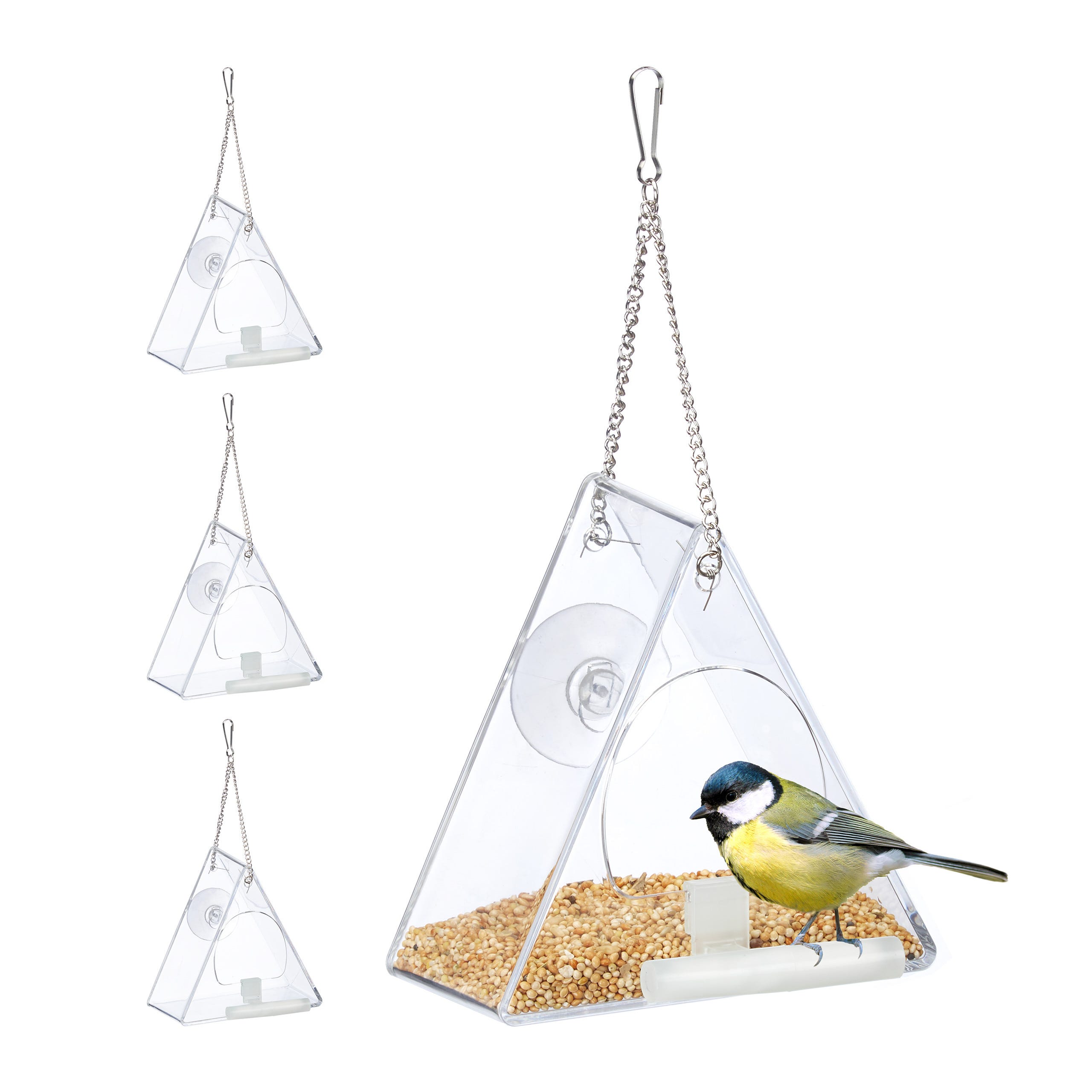 Mangeoire à oiseaux, lot de 4, Distributeur nourriture, acrylique,  suspendre, fenêtre, 13 x 12,5 x 7,5 cm, transparent