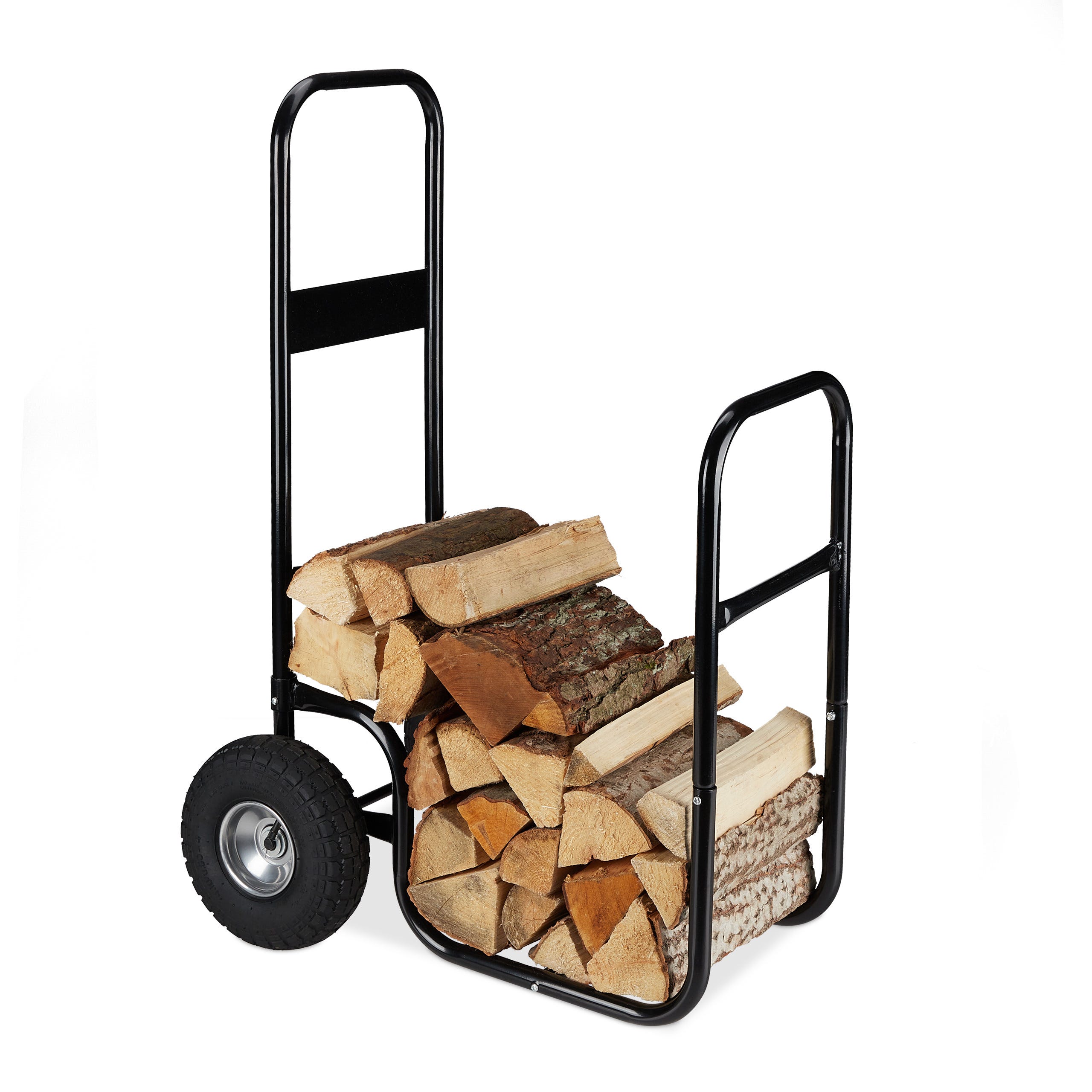 Relaxdays Chariot pour bûches de bois, en acier, sur roues pneumatiques,  capacité de 60 kg, intérieur, extérieur, noir