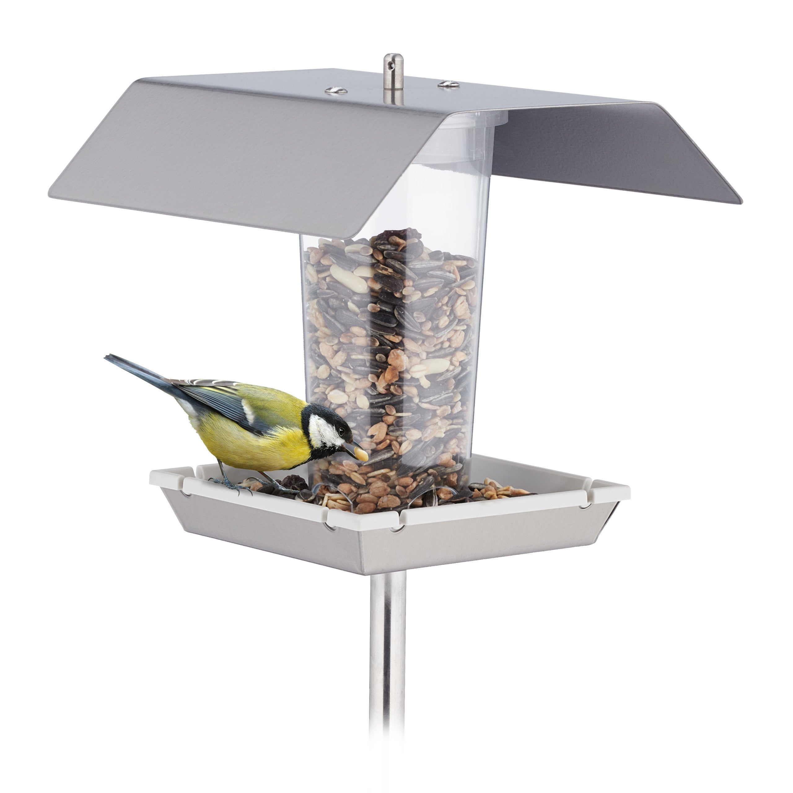 Mangeoire pour oiseaux sur piquet avec toit en métal