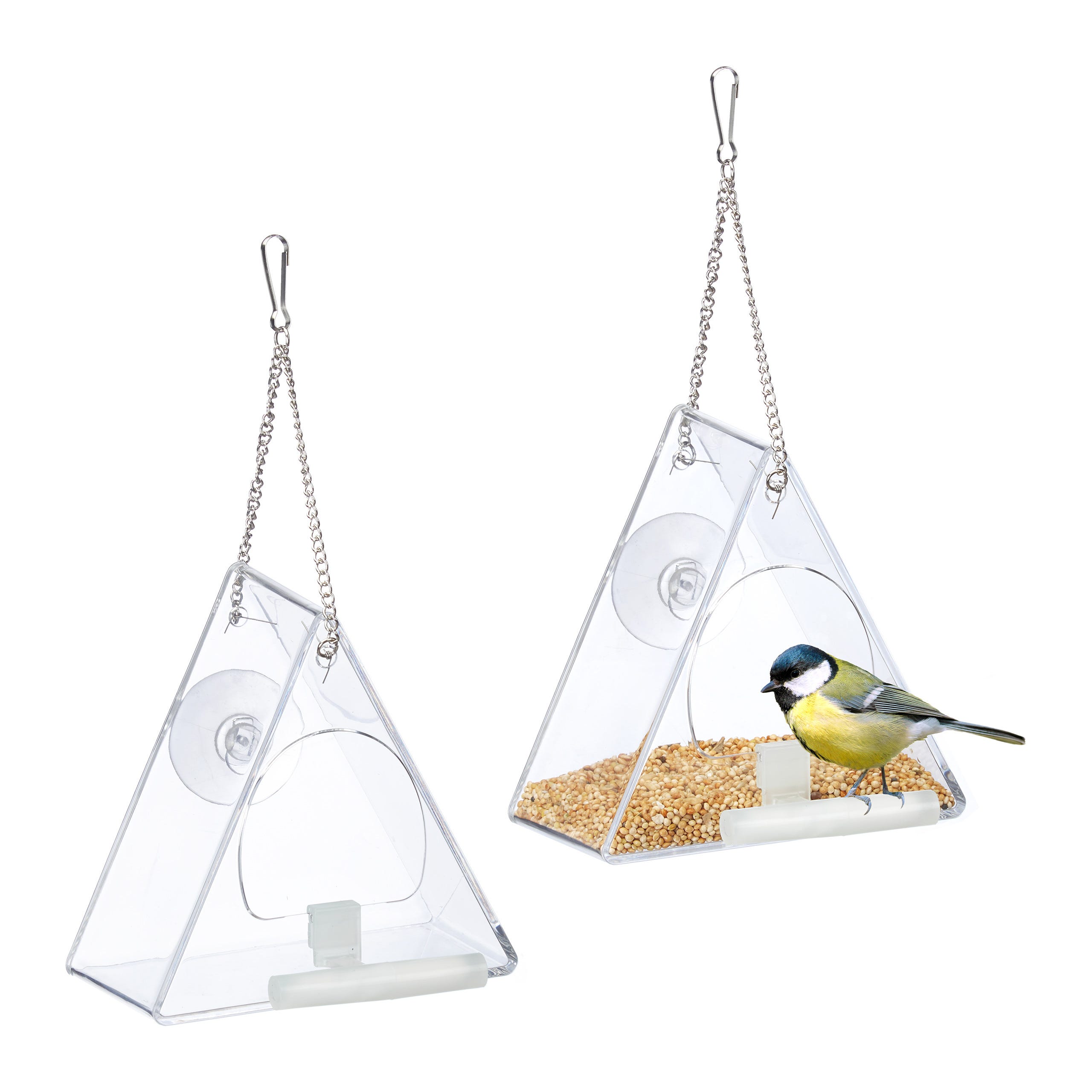 Mangeoire à oiseaux, lot de 2, Distributeur nourriture, acrylique,  suspendre, fenêtre, 13 x 12,5 x 7,5 cm, transparent