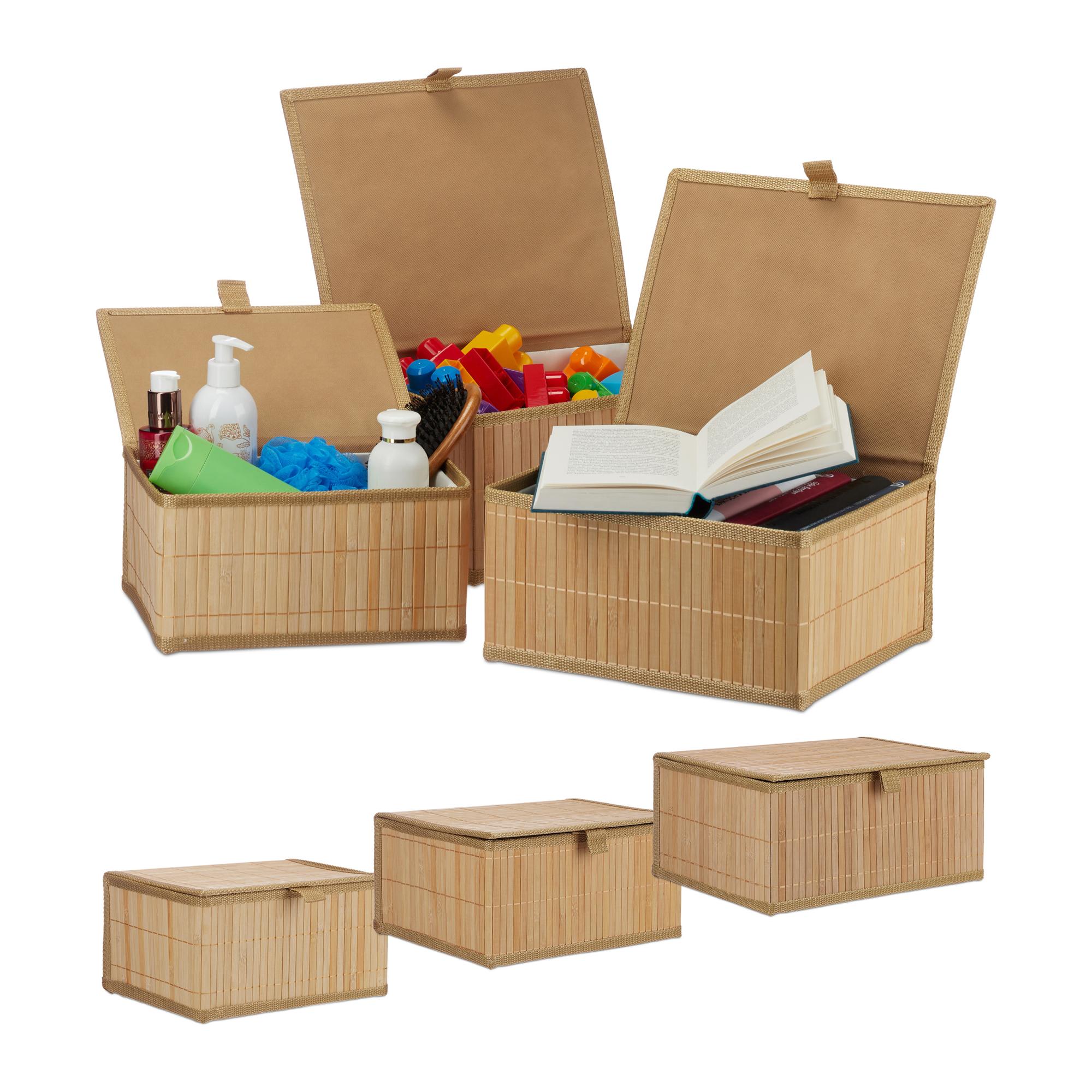 Set 4 Cestini Portaoggetti In Bambù 20x31x31cm | Fodera Tessuto | Per Bagno, Camera, Soggiorno | Naturale - Foto 6