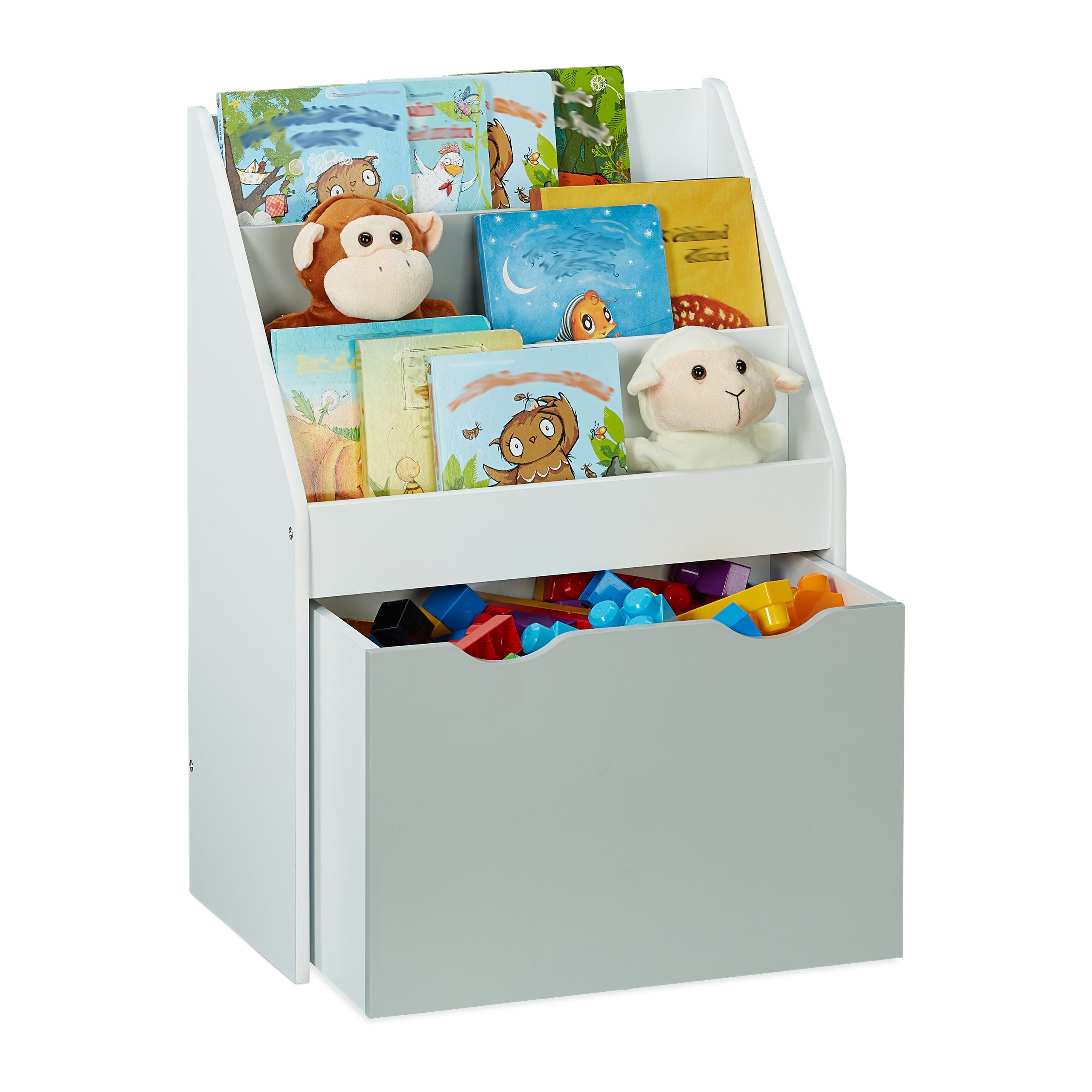 Relaxdays Bibliothèque pour enfants, HxLxP : 70x50,5x28 cm, avec coffre à  jouets, 3 compartiments, MDF, gris/blanc